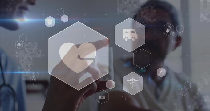 Animation of multiple icons over diverse female doctor explaining about medical equipment to patient