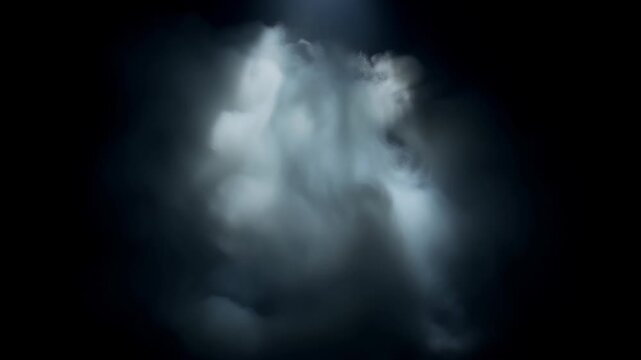 A single spotlight illuminating a swirling cloud of fog in a dark, empty space, creating abstract textures and volumetric light.