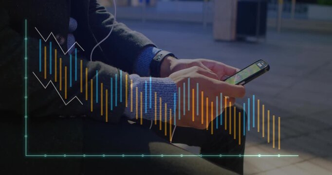 Animation of graphs over midsection of caucasian businessman surfing on smartphone