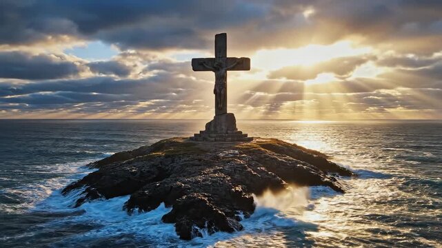 Island cross at sunset stone crucifix stands on rocky islet, waves crash, sky glows with golden light