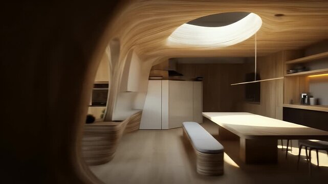 Interior view of a wooden, organic-shaped kitchen with large skylight and table