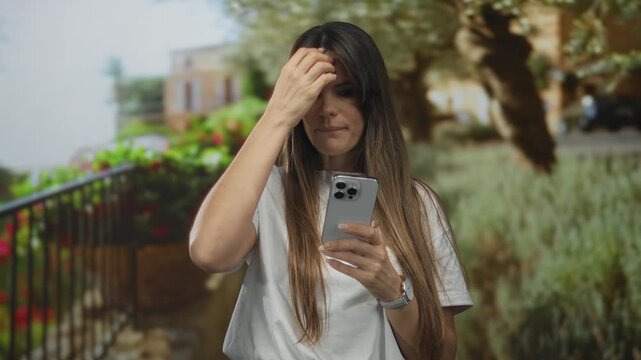 Woman using smartphone in park surrounded by greenery showing surprise and emotions.