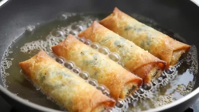 Golden crispy spring rolls deep frying in hot oil pan