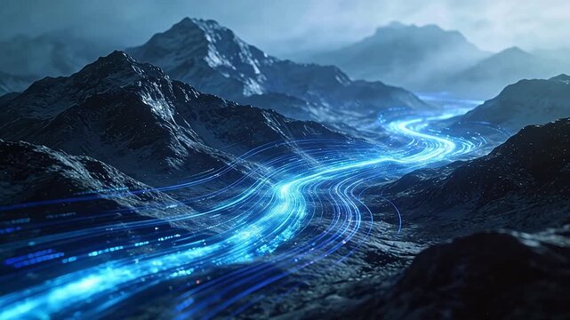 Mountain valley landscape with blue glowing light curves and dots