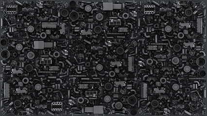 Dark modular pattern 3d render of dense mechanical parts heap. interlocking gears, pipes and wheels as an industrial, futuristic background for automotive or engineering design