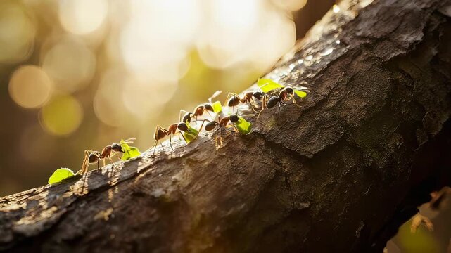 Ants Carrying Leaves Across a Lush Forest Floor: A Cinematic Exploration of Nature's Tiny Architects in Chiaroscuro Lighting