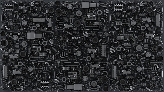 Dark modular pattern 3d render of dense mechanical parts heap. interlocking gears, pipes and wheels as an industrial, futuristic background for automotive or engineering design
