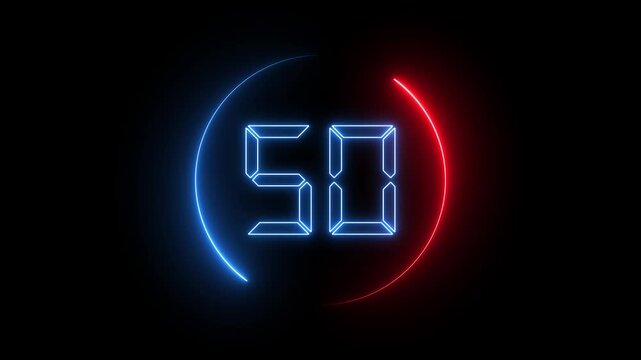 Glowing neon countdown one minute animation from 60 to 0 seconds. Modern flat design with animation in black background. HD quality.