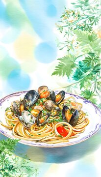 Delicious linguini with mussels watercolor illustration vibrant Italian seafood plate food photography