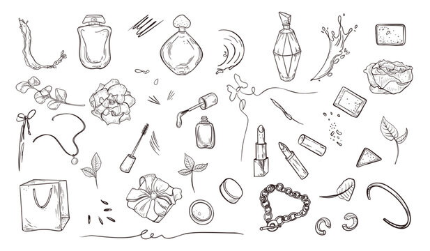 Beauty, makeup product with jewelry hand drawn black white vector clipart. Cosmetic items in line art for fashion or boutique design. Outline drawing set for beauty blog background.