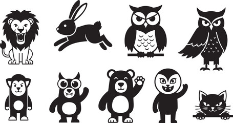 Fototapeta premium Black and white cartoon animal icons, vector illustrations of lion, rabbit, owl, bear, cat, and monkey, for website or app UI, isolated on transparent background, png