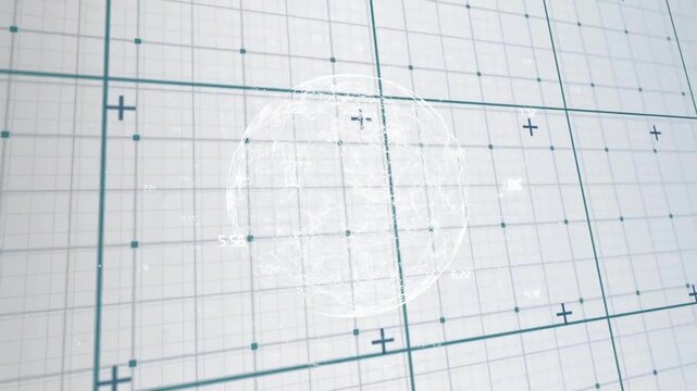 Grid filling sphere appearing with flickering labels, rotating, aligning with grid, displaying data