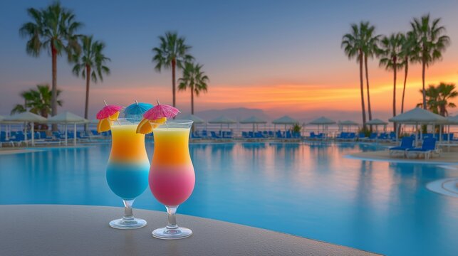 Two colorful cocktails in tall glasses are on a table next to a pool. The cocktails are blue and pink, and they are garnished with umbrellas. The scene is set in a tropical location