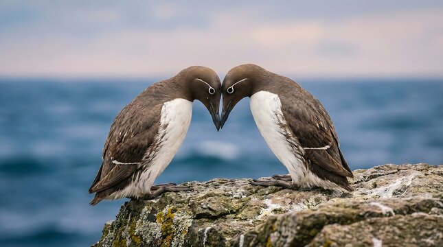 Brown Guillemots Touching Beaks on Rocky Cliffside by Ocean