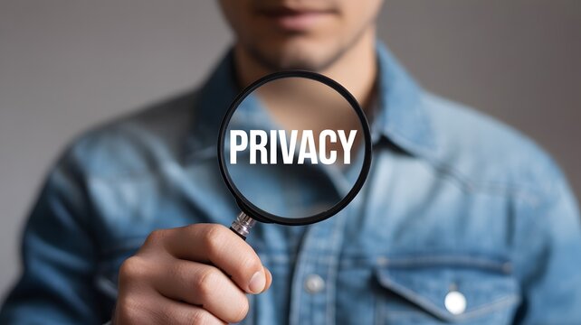  Privacy policy concept. Personal information management. Person using magnifying glass focus to privacy word on virtual screen.