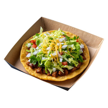 Mexican tostada topped with beans, lettuce, meat, and cheese on takeaway paper tray isolated die-cut.