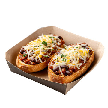 Mexican molletes topped with beans and melted cheese on a takeaway paper tray isolated die-cut. 