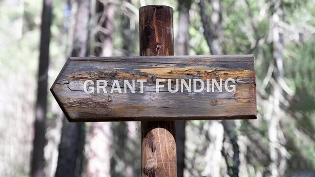 In a sunlit forest, a rustic wooden signpost slowly develops, displaying the text Grant Funding. The sign forms an arrow pointing left, providing clear direction for financial support