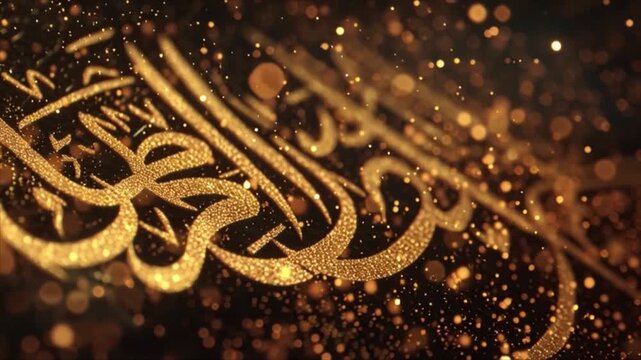 Golden Arabic Calligraphy with Sparkling Particles in a Dark Background Video Scene from an Oblique Viewpoint