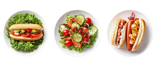 Delicious hot dogs and fresh salads isolated on transparent background