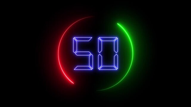 Glowing neon countdown one minute animation from 60 to 0 seconds. Modern flat design with animation in black background. HD quality.