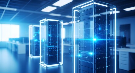 Fototapeta premium Innovative data center server racks with glowing blue lights in a modern office environment, representing technological advancement and digital infrastructure