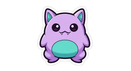 Adorable Chibi Cat Monster Creature with Cute Fangs, Purple and Teal Cartoon Illustration