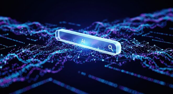 Artificial Intelligence (AI) search bar in a futuristic digital environment. Glowing data flow, neural network connections, and abstract tech background represent AI technology, bi