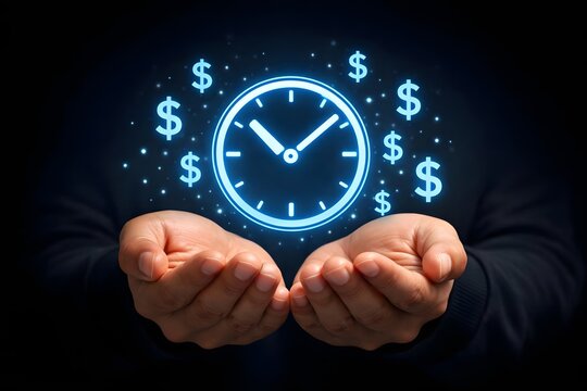 Time is money concept. Businessman showing virtual icon of clock and money for business time management. Work planning increases efficiency and reduced work time. 