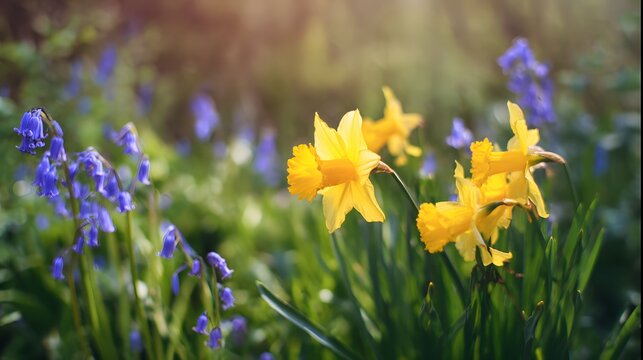 Spring blooms bathed in sunlight a serene landscape of yellow daffodils and bluebells