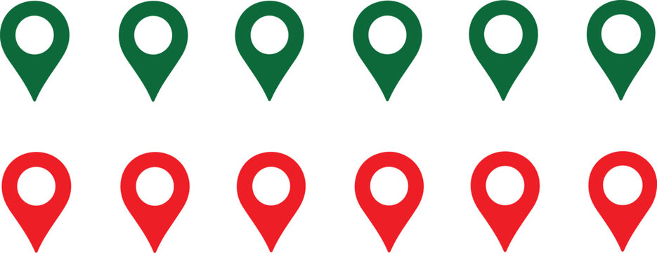 A row of green and red map pin icons on a white background