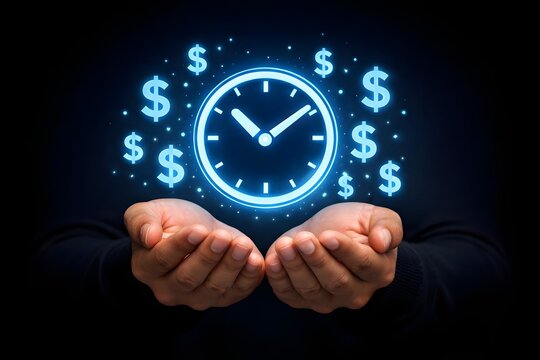 Time is money concept. Businessman showing virtual icon of clock and money for business time management. Work planning increases efficiency and reduced work time. 