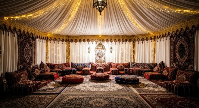 Luxurious Moroccan Tent Interior with Traditional Seating and Ornate Decor.