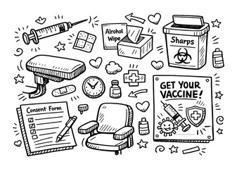 Obraz premium Hand-drawn vaccine station elements with injection, consent form, and vaccine poster