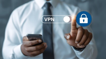 VPN Virtual private network concept. Internet security, encrypted connection for anonymous internet user. Person use smartphone with VPN connection on virtual screen.