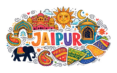 Obraz premium Colorful jaipur doodle featuring palace, elephant, traditional patterns, sun, moon, arches
