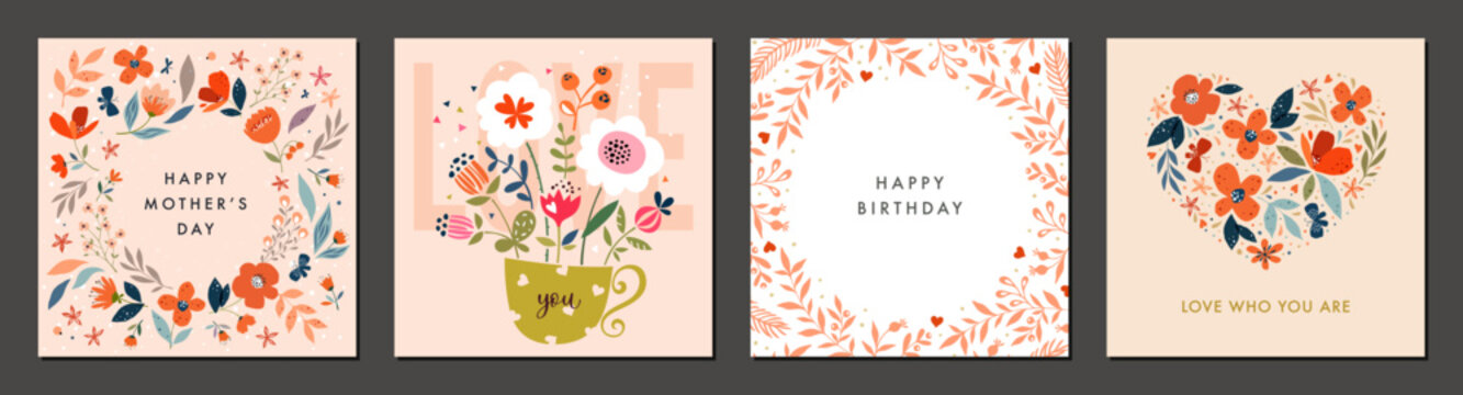 Pink floral greeting cards. Square templates with decorative flowers, hearts, ornate frame and copy spase. Suitable for Valentine&rsquo;s Day, Happy Mother&rsquo;s Day, Birthday, Wedding, Baby invitations.