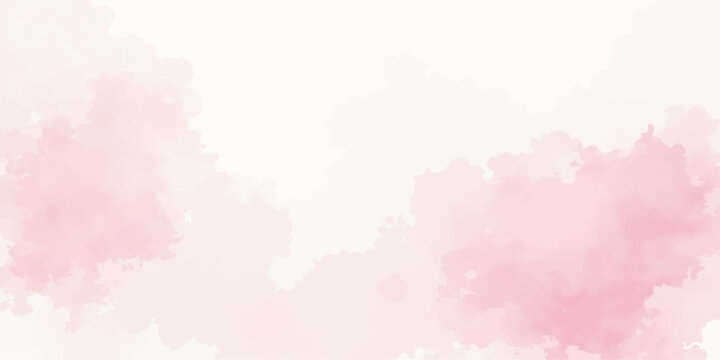 Pink abstract watercolor background features ink splashes and soft paint textures on paper with blue cloud elements for a vintage nature illustration