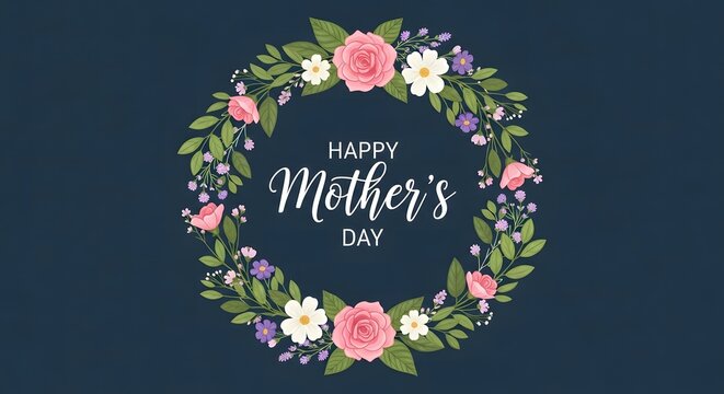 Happy mother's day wishes with beautiful floral wreath and greeting card
