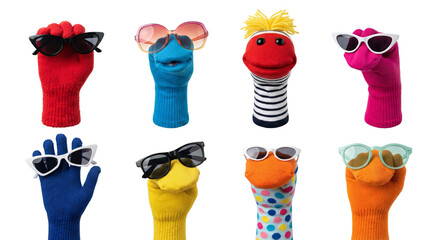 Fun Sock Puppets Wearing Sunglasses, White Background, Colorful Characters