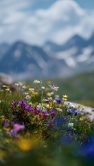 Obraz premium Vibrant alpine wildflowers bloom beneath majestic mountain peaks bathed in springtime light serenity