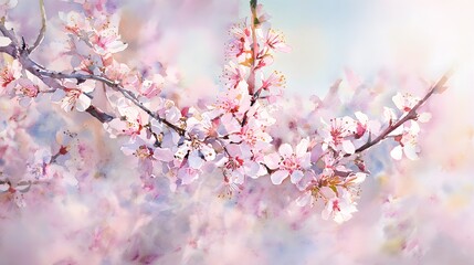 Spring cherry tree illustration soft pink flowers gentle sunlight airy garden scene artistic beauty