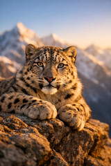 Fototapeta premium Majestic Snow Leopard Resting on a Rocky Cliff Edge at Sunset