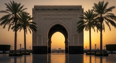 Grand Archway and Palm Trees at Sunset in Doha, Qatar.