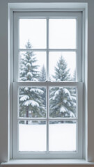 Fototapeta premium Snowy window view showcases serene winter landscape with snow covered trees. peaceful atmosphere evokes sense of calm and tranquility