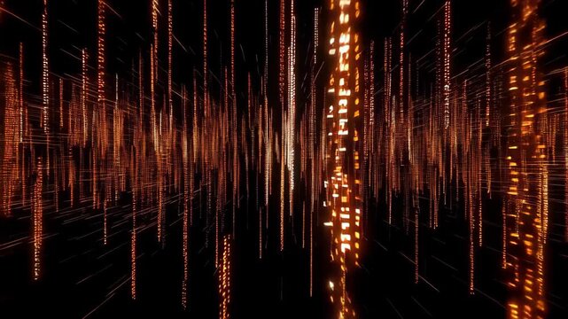 Abstract background of a glowing digital rain made of orange and white code particles, falling in a dark 3D space.