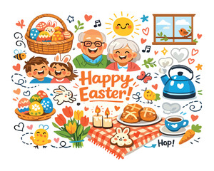 Obraz premium Happy easter celebration with family: joyful cartoon scene with eggs, bunny, and spring elements