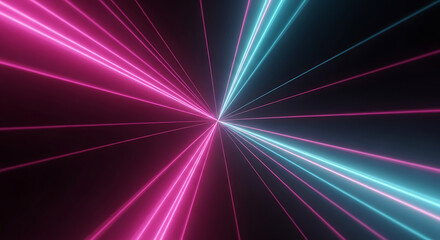Abstract neon laser rays burst from central point with pink and blue glowing lines across dark background for tech design