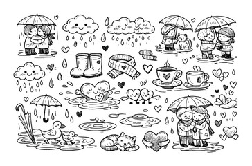 Whimsical rainy day doodles: umbrellas, clouds, and hearts