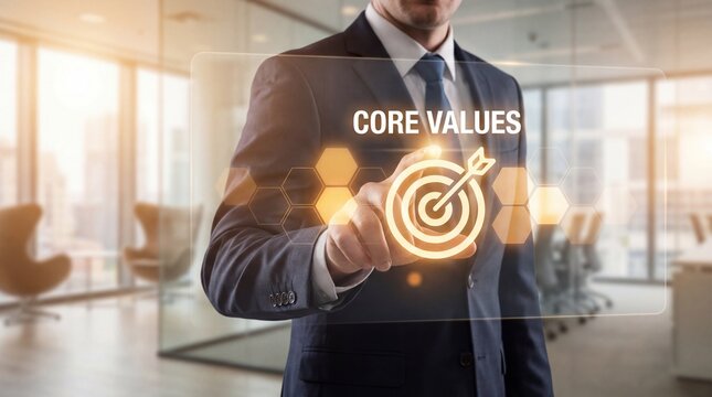 Businessman touching target icon with core values text in modern office with bright lighting for corporate branding